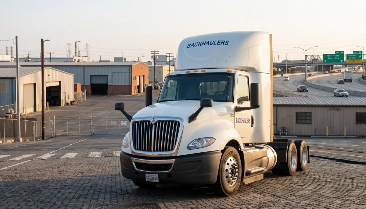 Backhaulers daycab tractor staged at an industrial dock
